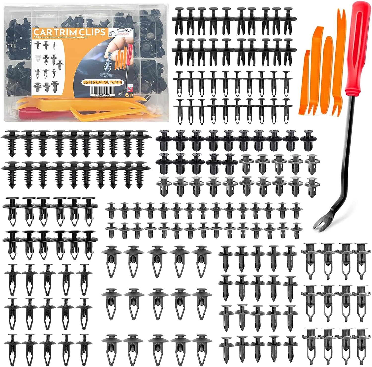 Xtremeauto Car Clips Set 229pc With Tools - Car Trim Clips Box, Assorted Plastic Clip Fasteners, Body Fasteners With 5 Removal Tools, Expansion Bumper Clips, Car Body Clips Interior Fittings