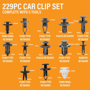 Xtremeauto Car Clips Set 229pc With Tools - Car Trim Clips Box, Assorted Plastic Clip Fasteners, Body Fasteners With 5 Removal Tools, Expansion Bumper Clips, Car Body Clips Interior Fittings