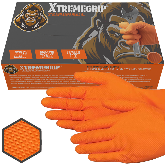 Xtremegrip Orange Nitrile Gloves, Pack Of 50 Diamond Texture Grip Gloves